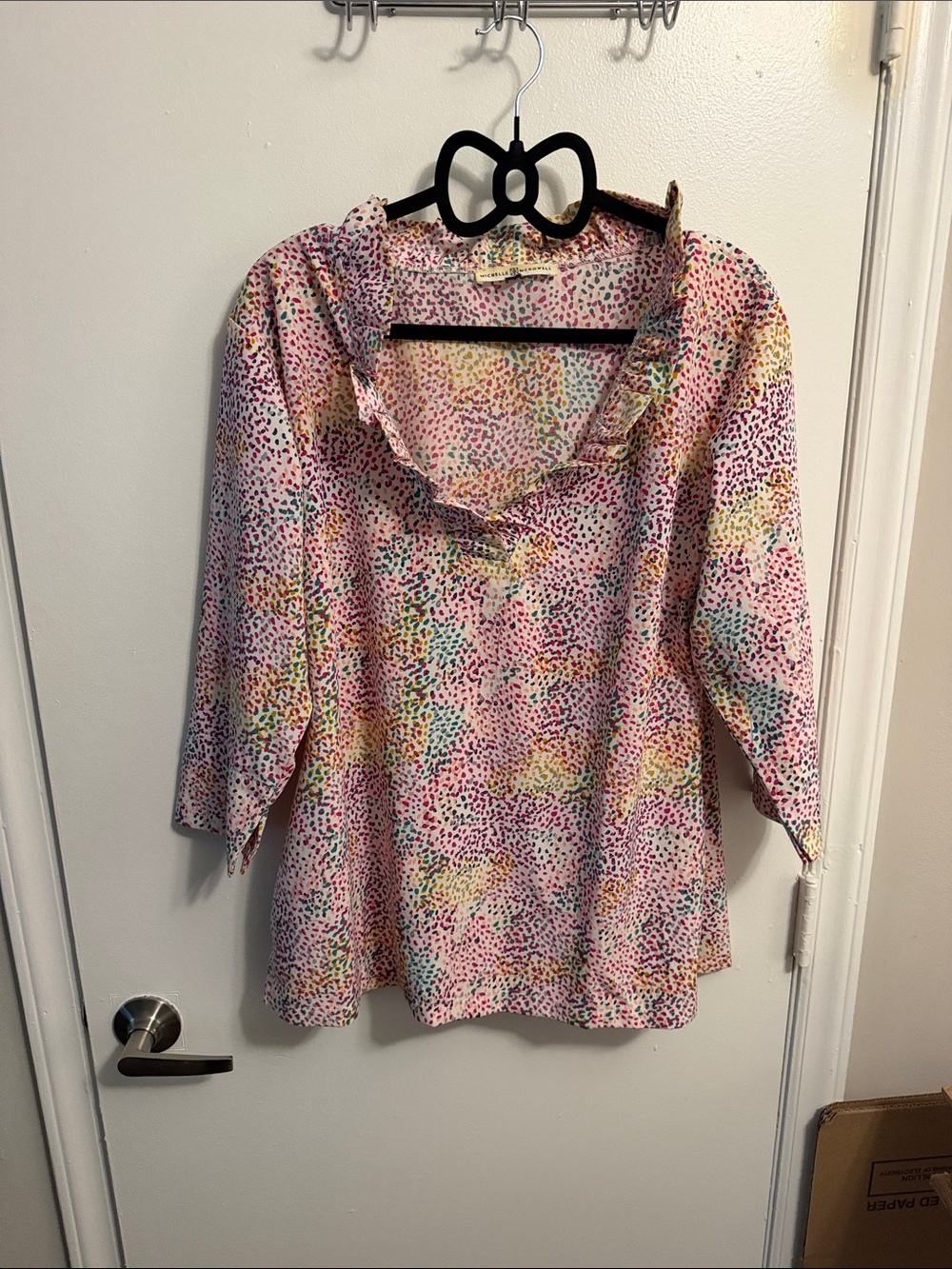 Ruffle-Collar Pink Multicolor Print Blouse